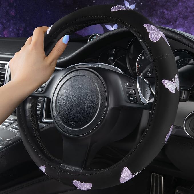 Purple Embroidery Butterfly Steering Wheel Cover, Universal 15 Inch Car Wheel Cover for Women Girls, Fit for Suvs,Small Trucks,Sedans,Cars (Black and Purple)
