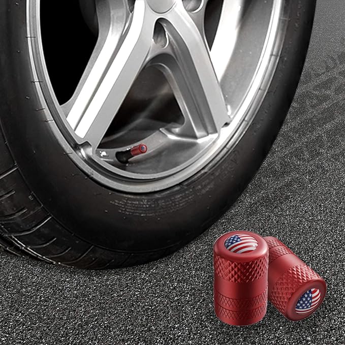 Tire Valve Stem Caps, Anodized Aluminum Tire Valve Cap Set | Corrosion Resistant, Universal Stem Covers for Cars Trucks Motorcycles SUVs and Bikes (Red-US)