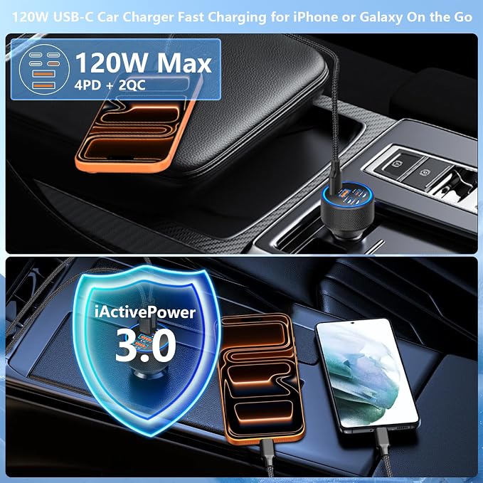 [Apple MFi Certified] iPhone 17 Car Charger, 6-Port 120W USB-C&USB-A Power Cigarette Lighter PD/QC Multiport Fast Car Charger + Type-C Braided Cord for iPhone 17 Pro/16/15/Galaxy S26/S25/Pixel