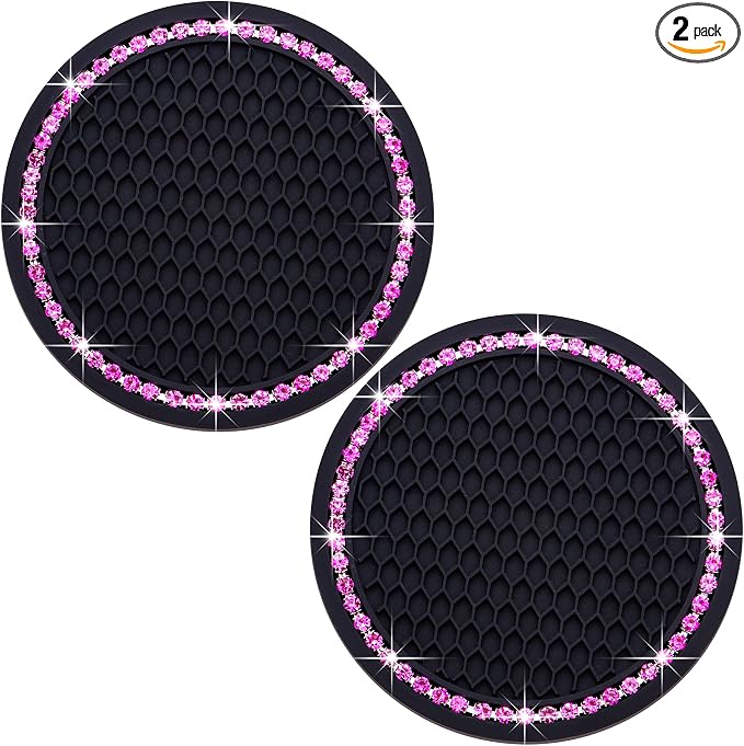 2PCS Bling Cup Holder Coaster, 2.75 Inch Auto Car Cup Holder Insert Coasters, Soft Silicone Anti-Slip Shockproof, Universal Vehicle Interior Accessories for Women Girls (Black & Pink)