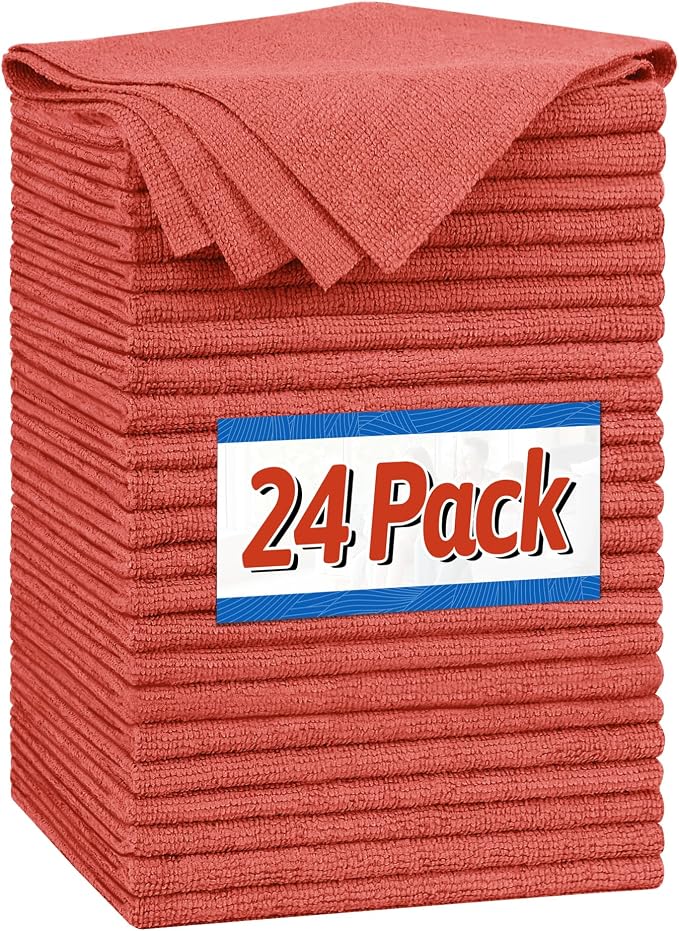 Microfiber Cleaning Cloth, Shop Towels Bulk, 24 Pack Red Microfiber Towels for Cars, All-Purpose Absorbent Cleaning Rags, Dust Cloth for Automotive, Mechanic, Garage, Bar, 12 x 11 inch