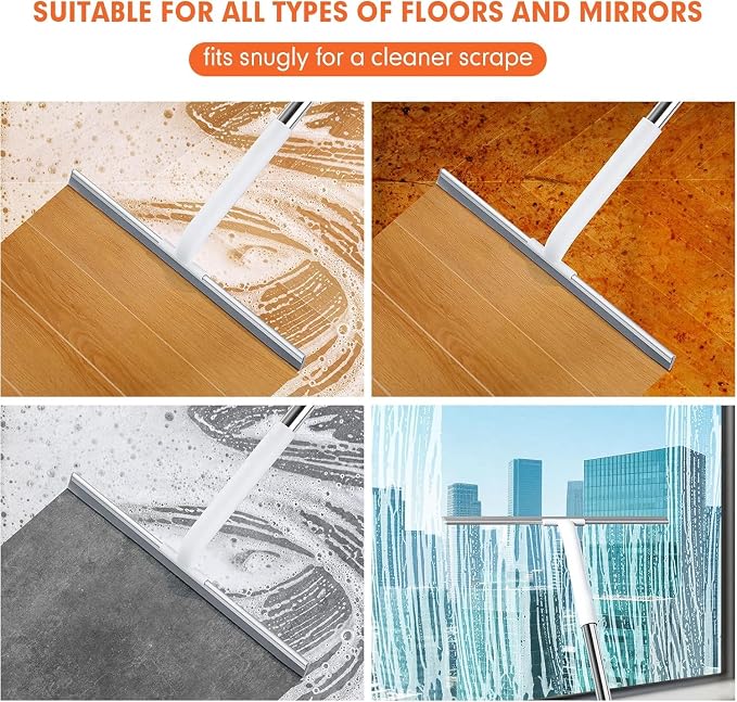 Rubber Floor Squeegee for Smooth Surface Concrete Floor, Tile Floor, Heavy Duty Garage Shower Floor Squeegee Broom for Removing Water, Commercial Scrubber Mop with Adjustable Long Handle