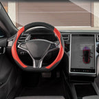 D Shaped Steering Wheel Cover, Flat Bottom Car Wheel Cover 14 1/2-15 in. (37-39 cm), Black and Red Microfiber Leather