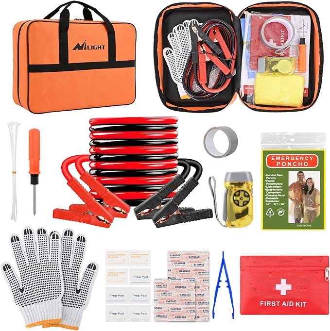 Car Emergency Kit with Jumper Cable, First Aid Kit Safety Assistance Tools for Travel Camping Outdoor Cars Truck SUV RV, Roadside Essentials with Flash Light
