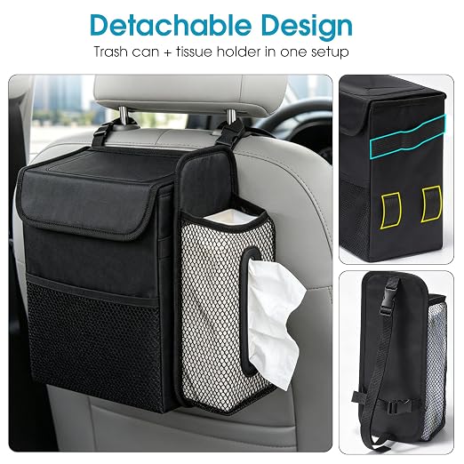 Car Trash Can with Tissue Holder, Leakproof Car Garbage Can with Detachable Car Napkin Holder, Hanging Car Trash Bin for Headrest, Console, Truck, SUV Car Accessories, Black