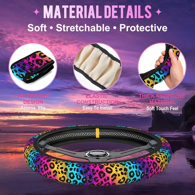 Neon Rainbow Leopard Print Steering Wheel Cover for Women Men Neoprene Breathable Wheel Cover Protector Anti-Slip Car Accessories Universal 15 Inch Fit for Cars Trucks Vehicles