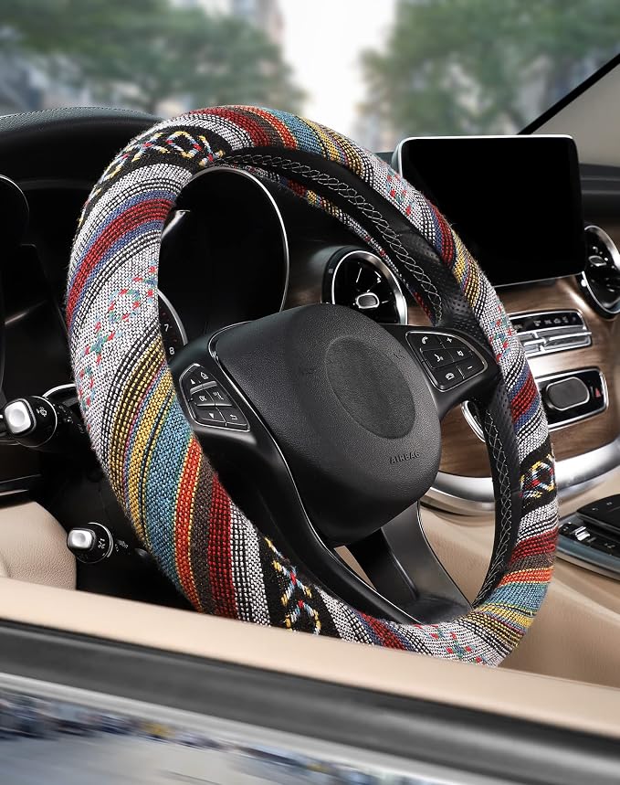 Boho Steering Wheel Cover with Baja Blanket Cloth, Ethnic Style Auto Wheel Cover Made of Coarse Flax, Fits 14 1/2-15 1/4 inches Car Wheel