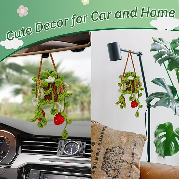 Crochet Hanging Plant for Car,Car Decorations Interior,Plant Aesthetic Car Accessories for Women Interior Cute,Car Ornaments Charms for Rear View Mirror,Boho Car Decoration Gifts