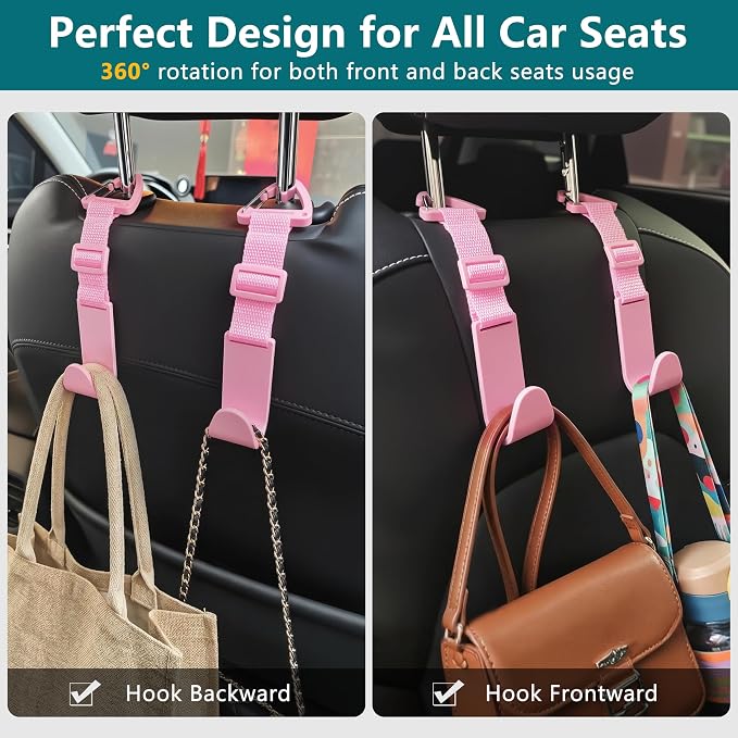 Headrest Hooks for Car Adjustable 4 Pack Vehicle Seat Back Organizer Storage Hanger Holder for Purse Bags Universal Fit with Clip Pink