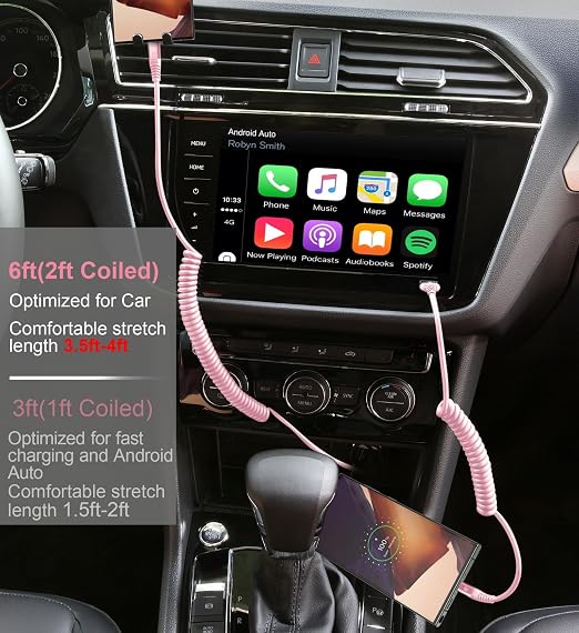 Coiled USB A to USB C Cable for Car [2-Pack, 6ft], USB Type C Cable Fast Charging, iPhone USB-C Charger Cable Compatible with iPhone 17/16/15/Plus/Pro/Pro Max/Samsung Galaxy A10e A20 A50 S20 S10E-Pink