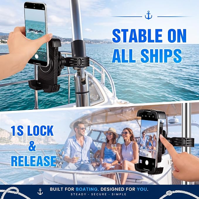 1 Pack Boat Phone Holder, Marine Cell Phone Holder No Sunshade, Black 360 Degree Adjustable Knob Crab Clamp, Smartphone Accessory for Boat Rail, Car, Cycling, Pontoon and Outdoor Use