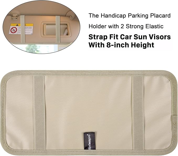 Handicap Placard Holder for Auto, Disabled Parking Permit Sign Protector for Car Sun Visor with Note Paper Slot, Pen Holder and Elastic Strap - Khaki