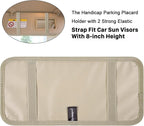 Handicap Placard Holder for Auto, Disabled Parking Permit Sign Protector for Car Sun Visor with Note Paper Slot, Pen Holder and Elastic Strap - Khaki
