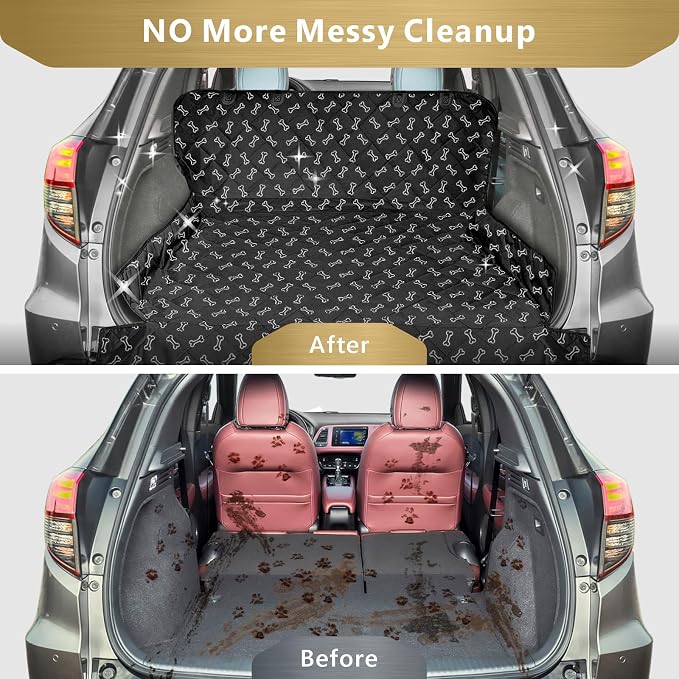 SUV Cargo Liner for Dogs, Water Resistant Pet Cargo Cover Dog Seat Cover Mat for SUVs Sedans Vans with Bumper Flap Protector, Non-Slip, Large Size Universal Fit, Bone