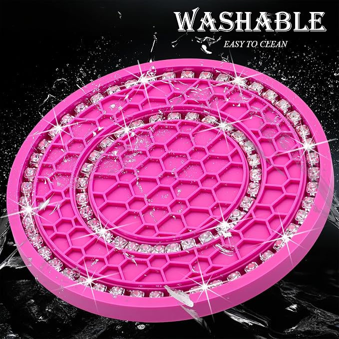 2PCS Bling Crystal Rhinestone Cup Holder Coaster, 2.75 inch Soft Silicone Anti-Slip Shockproof, Car Cup Holder Insert Coasters, Universal Car Interior Accessories for Women (Rose Red & White)