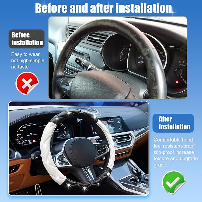 Black and White Steering Wheel Cover, Auto Cute PU Diamond Bling Comfort Leather Car Interior Accessories Protector Sparkly Fit Most O-Shaped Steering Wheels