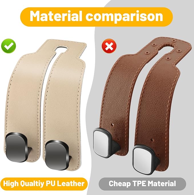 Amelity Car Headrest Hooks, Purse Hook for Vehicle 4 Pack Beige | Universal Car Interior Accessories for Women, Available in 2/4 Pack, Storage Hanger Holds Purses, Backpacks, Grocery Bags