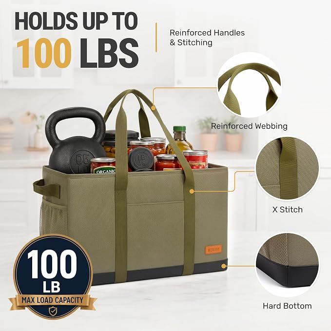 Extra Large Utility Tote Bag - Standing Reusable Grocery Bag with Handle, Collapsible Storage for Shopping, Beach