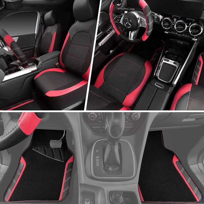 Air Mesh Leather Car Seat Covers for Front Seats, Waterproof Car Floor Mats, Sporty Steering Wheel Cover, Universal Fit for 95% Cars Truck SUV (Black and Red)