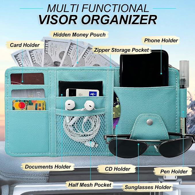 Blue Car Sun Visor Organizer, Auto Car Sun Visor Gift Card Holder Storage Organizer Travel Document Holder with Zipper Pocket for Sedan, Trucks, SUV
