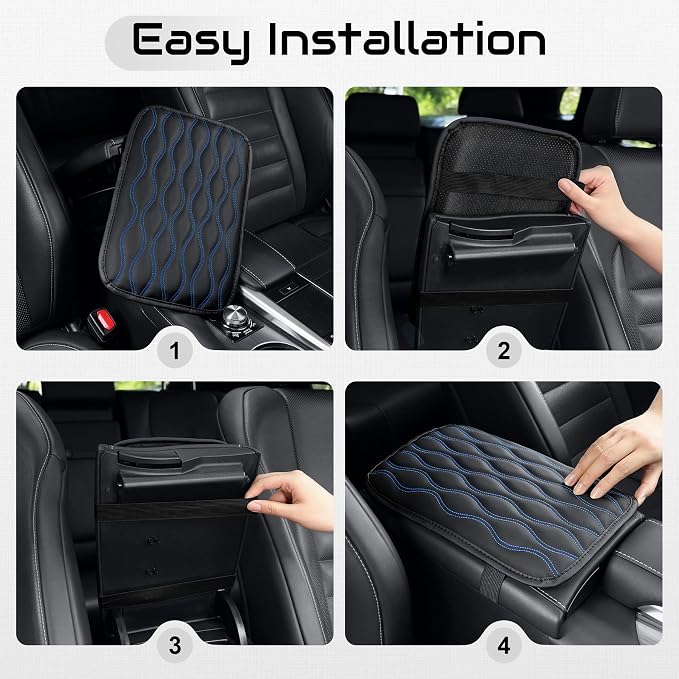 Car Center Console Cover, Upgraded Leather Car Armrest Cushion, Universal Waterproof Cushion Pad, Non-Slip Car Interior Accessories, Fits Most Sedans SUVs Trucks (Blue Line)