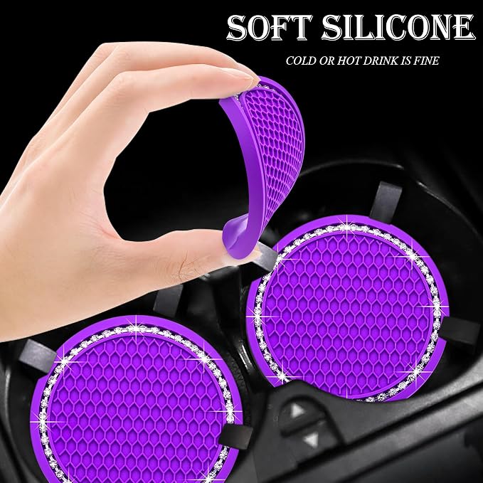 2PCS Bling Cup Holder Coaster, 2.75 Inch Auto Car Cup Holder Insert Coasters, Soft Silicone Anti-Slip Shockproof, Universal Vehicle Interior Accessories for Women Girls (Purple & White)