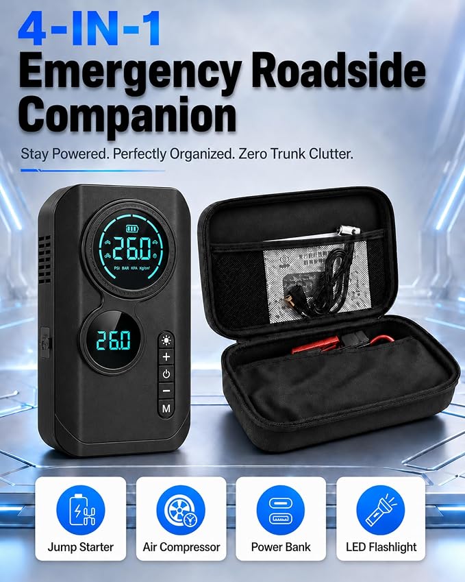 9000A Jump Starter with Air Compressor, 12V Battery Jump Box with Air Pump | Portable Car Battery Jump Starter and 150PSI Tire Inflator with 8000mAh Power Bank, LED Light, Dual LCD Screen and EVA case