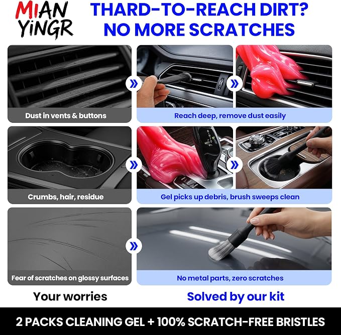 Detailing Brush Set, 9PCS Car Detailing Kit Interior with 2 Cleaning Gel & Towel, Boar Hair Car Detailing Brush, Soft Bristle Dust Brush for Dashboard Vents, Auto Truck SUV RV Accessories