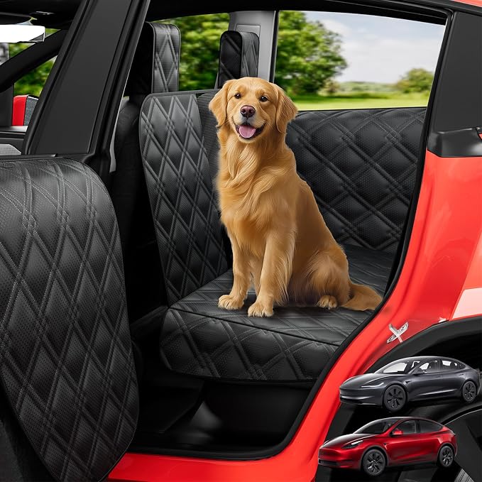 Dog Car Seat Cover for Back Seat Compatible with 2020-2026 Tesla Model Y — Hard Bottom Pet Travel Hammock with Seat Extender, Waterproof Backseat Dog Cover with Door & Headrest Protectors