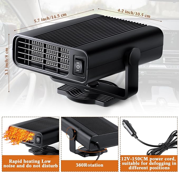 2 Pcs 12v 150w Portable Car Heater for Vehicle Plugs into Cigarette Lighter, 360° Rotatable Windshield Defroster, 2 in 1 Auto Heater Fan Defogger Warmer Electric for Cars SUV Universal(Black)