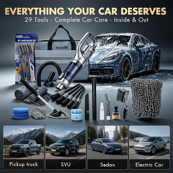 29PCS Car Cleaning Kit Interior Detailing for Men Women（Grey） | 17000PA High Power Handheld Cordless Car Vacuum Rechargeable, Detailing Brush Set, Windshield Cleaner Tool, Tire Brush