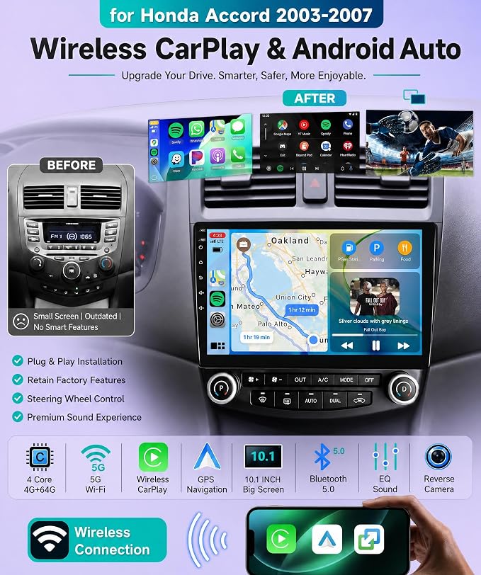 4G+64G Android 15 Car Stereo for Honda Accord 2003-2007, Car Radio Wireless Carplay Android Auto GPS Navigation 5G-WiFi Bluetooth 5.0 10.1'' Touchscreen FM/RDS EQ SWC Backup Camera