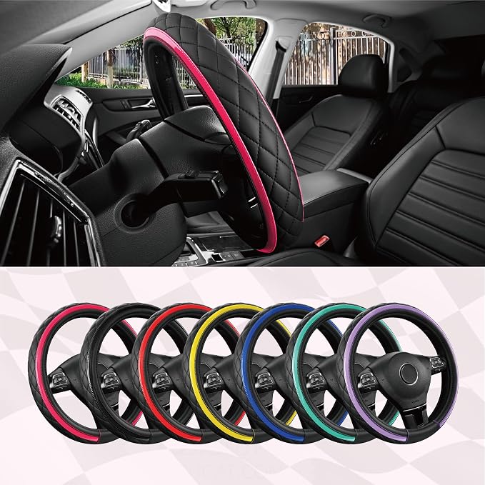 Leather Steering Wheel Cover – Black & Hot Pink, Universal Fit 14.5-15 Inch, Microfiber Leather, Anti-Slip & Breathable Design for Men and Women