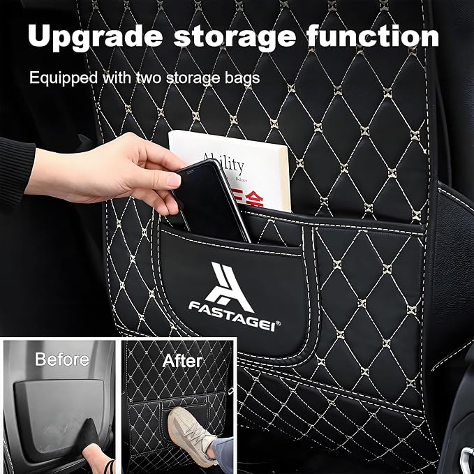 Universal Car Kick Mats Back Seat Protector with Storage Pockets, Premium Leather Car Seat Back Cover Protector Waterproof Scratch-Resistant Easy Clean