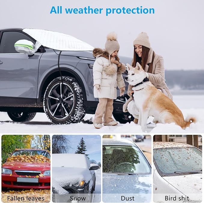 Magnetic Car Windshield Cover for Ice and Snow 4 Layers Automotive Windshield Snow Covers 9 Magnetic Anti Frost Guard for Most Cars SUVs Trucks Pickup (65"x50")
