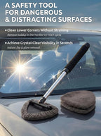 Window & Windshield Cleaner, Extendable, 3 Microfiber Pads (Grey) | Pivoting Triangle Head Wiper Cleans Interior & Exterior Glass, 3 Washable Reusable Bonnets, Lint-Free
