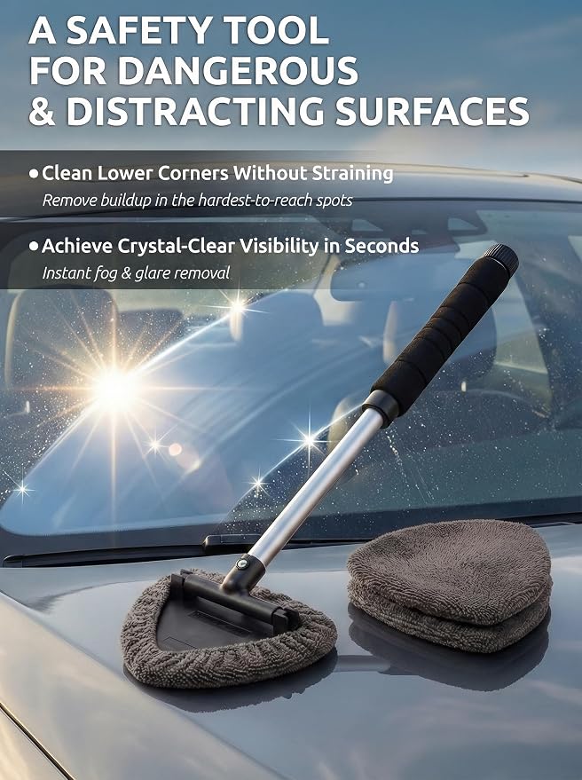 Window & Windshield Cleaner, Extendable, 3 Microfiber Pads (Grey) | Pivoting Triangle Head Wiper Cleans Interior & Exterior Glass, 3 Washable Reusable Bonnets, Lint-Free