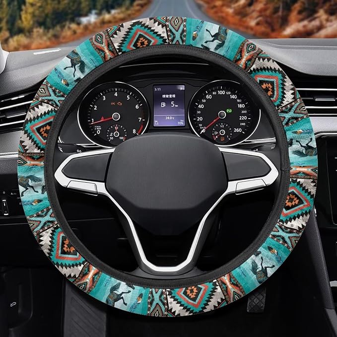 Car Steering Wheel Cover for Women Men, Soft Neoprene Stretchy Anti-Slip 15 Inch Steering Wheel Protector Universal Auto Decor, Aztec Geometric Horse Turquoise