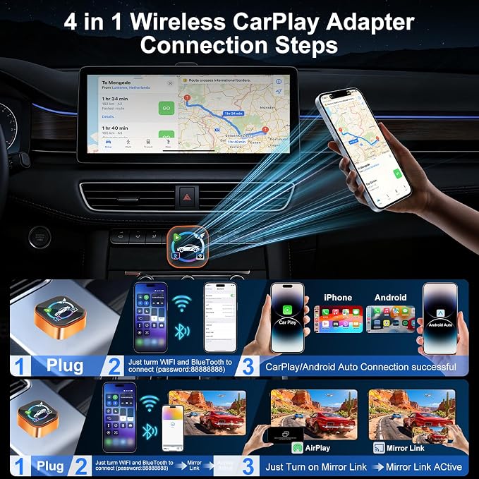 Wireless CarPlay Adapter for iPhone & Android Phone,4 in 1 Cars Screen Mirroring Support Airplay&Mirror Link,CarPlay &Android Auto,Wired to Wireless,Plug and Play (orange I 4 in 1 Wireless Mirroring)