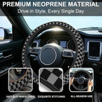 Chessboard Steering Wheel Cover,Black Grey Checkered Universal 15" Elastic Car Steering Wheel Cover with 2 PCS Car Coasters,Anti-Slip Breathable Accessories for Auto,SUVs,Truck