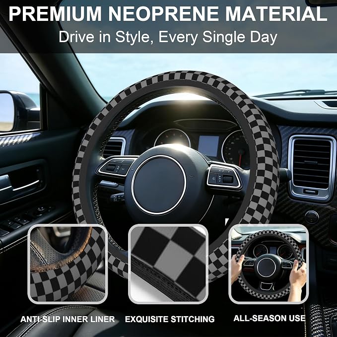 Chessboard Steering Wheel Cover,Black Grey Checkered Universal 15" Elastic Car Steering Wheel Cover with 2 PCS Car Coasters,Anti-Slip Breathable Accessories for Auto,SUVs,Truck