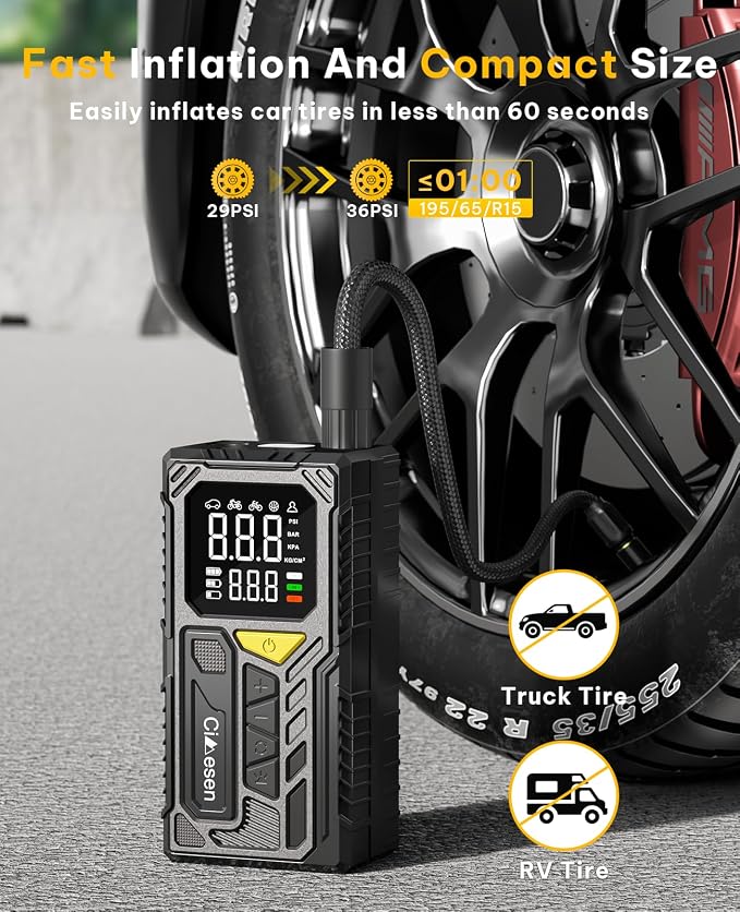 Tire Inflator Portable Air Compressor-150psi Cordless Portable Air Pump for Car Tires Faster Inflation with Tire Pressure Gauge