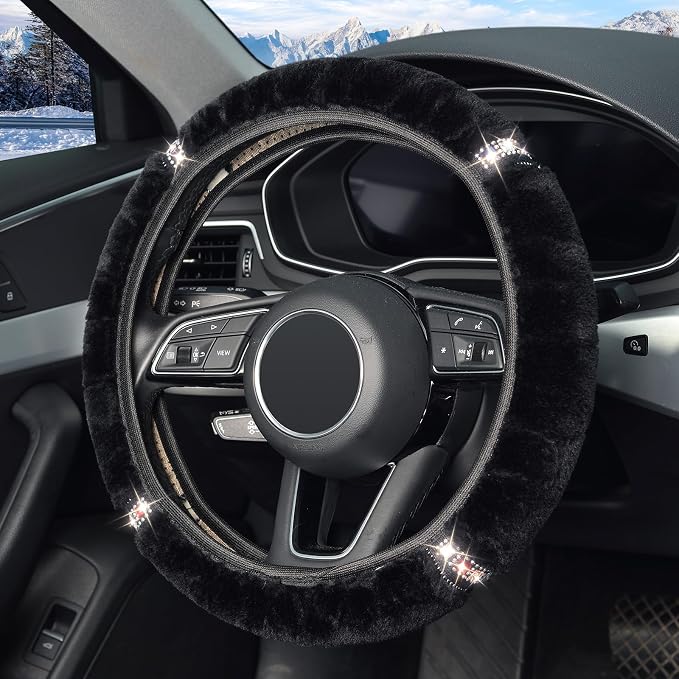 Plush Steering Wheel Cover with Bling Bling Crystal Rhinestone, Universal 15 Inch Softy Fluffy Steering Wheel Cover for Women Girls, Anti-Slip, Winter Warm, Black