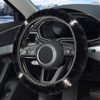 Plush Steering Wheel Cover with Bling Bling Crystal Rhinestone, Universal 15 Inch Softy Fluffy Steering Wheel Cover for Women Girls, Anti-Slip, Winter Warm, Black