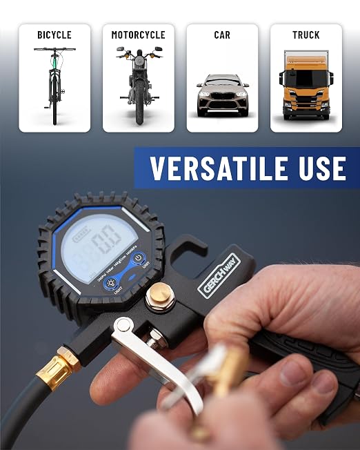 GERCHWAY Digital Tire Pressure Gauge with Inflator (3-200 PSI), Heavy Duty Air Chuck and Compressor Accessories with Swivel Air Chuck, Longer Hose, Large Display (0.1 Res)