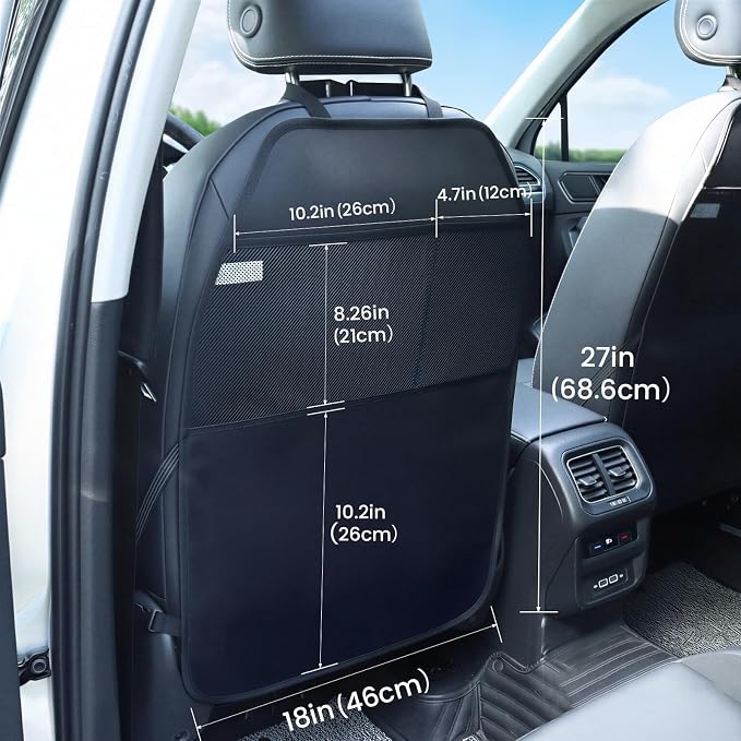 Car Seat Protector Large Kick Mat 2 Pack Durable Water Resistant Auto Seat Back Covers with 2 Mesh Pockets Protection Against Dust Mud Scratches (Black, 2-Pack)