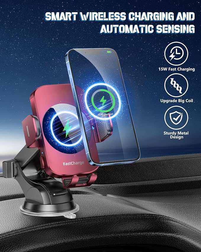 3-in-1 Wireless Car Charger Mount, 15W Fast Charging Auto-Clamping Phone Holder for iPhone 17 16 15 14, Samsung Galaxy S24 S23, Dashboard, Vent & Windshield Car Mount(Deep Red)