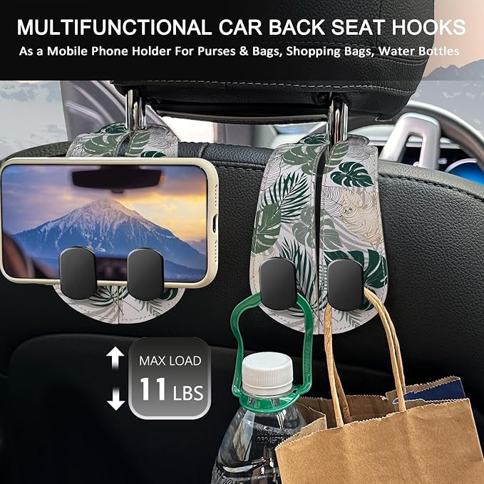 2PCS Car Seat Back Storage Headrest Hooks, Tropical Leaf Purse Holder Bags Hanger, PU Leather Double Metal Hook for Backseat Organizer, Women Car Accessories Organization