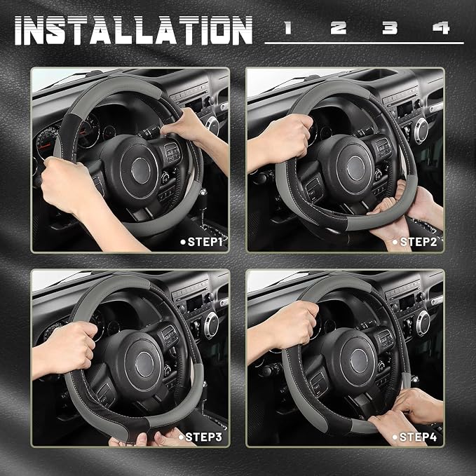 Car Steering Wheel Cover for F-150 Tundra Range Rover 15.5-16 inch, Black and Gray Microfiber Leather
