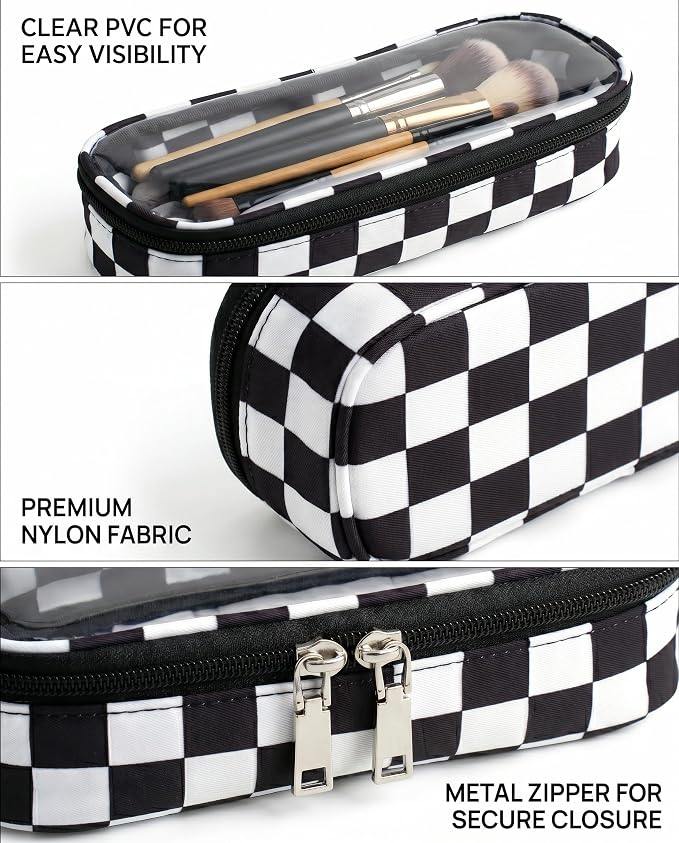 Preppy Checkered Clear Travel Makeup Brush Holder,Black and Beige Checkered Makeup Brush Toiletry Bag, Portable Cosmetic Brush Case,Transparent Waterproof Makeup Brush Storage Bag